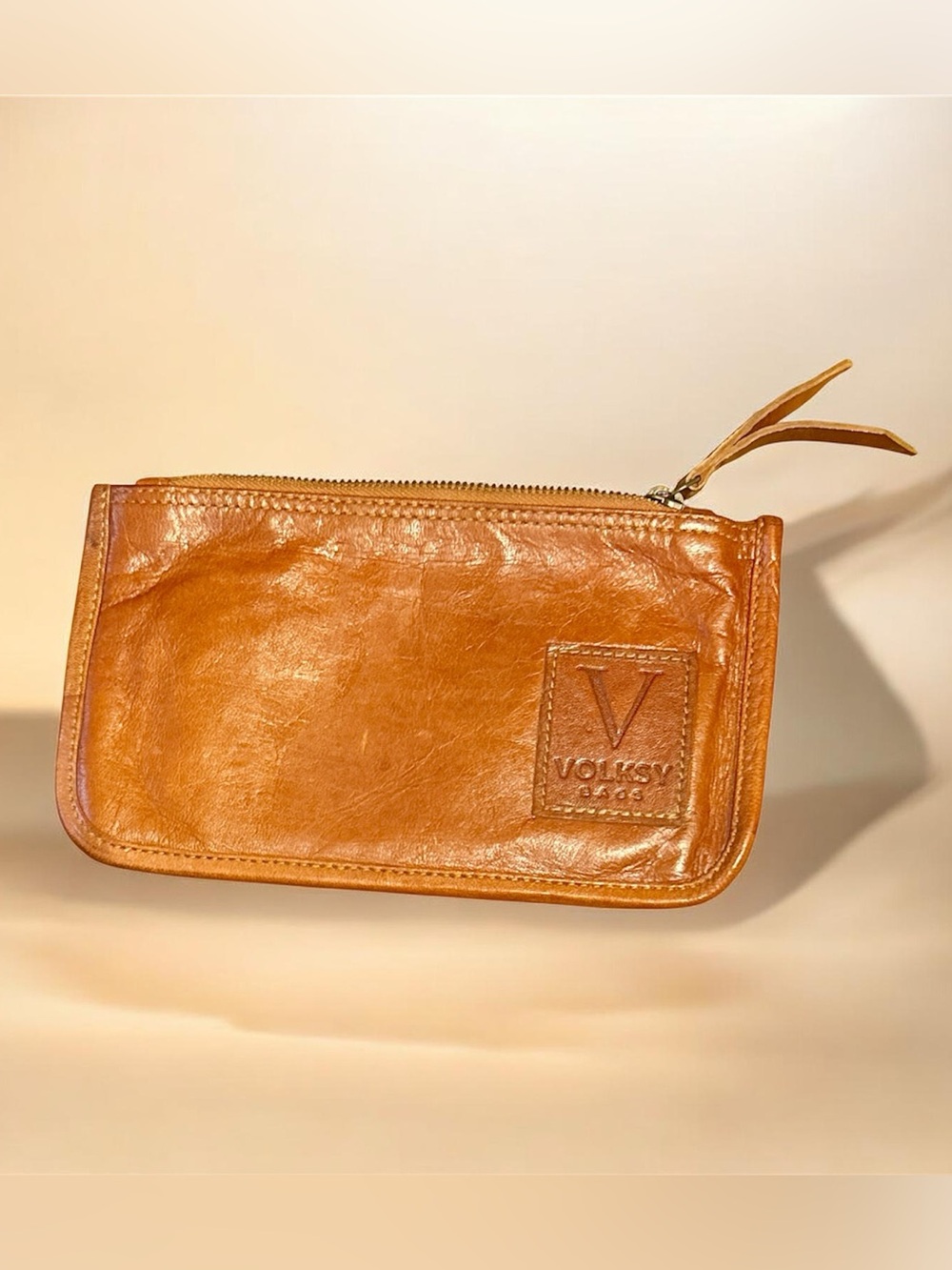 Volksy Bags Cognac Leather Minimalist Pouch Handheld Clutch 9.5" No-Handle